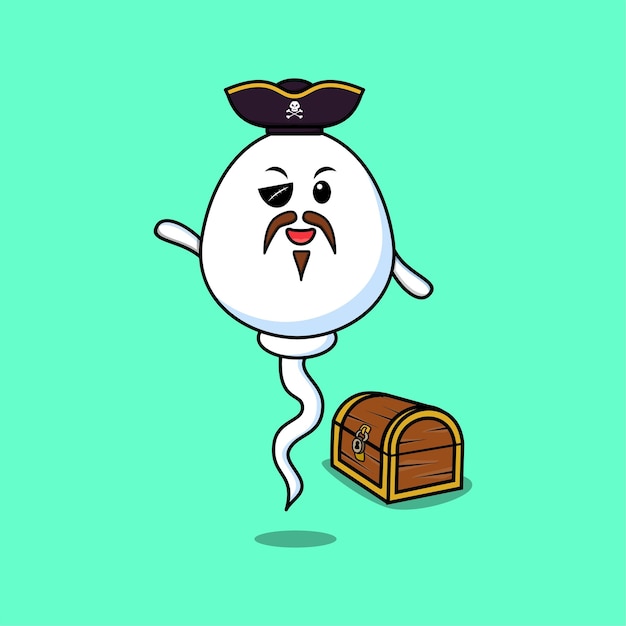 Cute cartoon character Sperm pirate with treasure box in flat modern style design