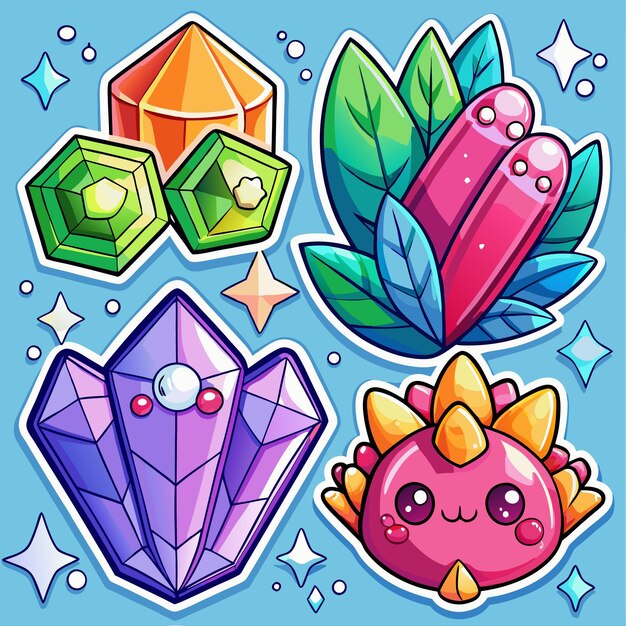 Vector cute cartoon character stickers with crystals and leaves