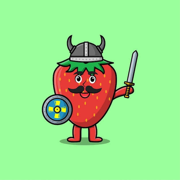 Cute cartoon character Strawberry viking pirate with hat and holding sword and shield