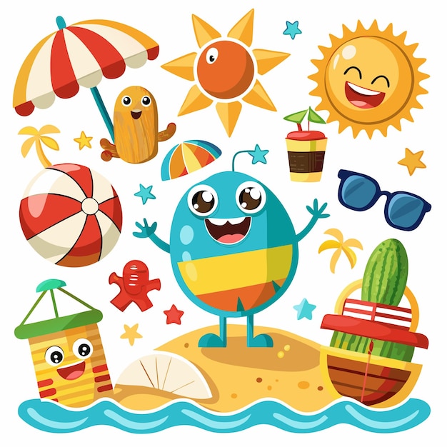 Vector cute cartoon character and summer vacation objects