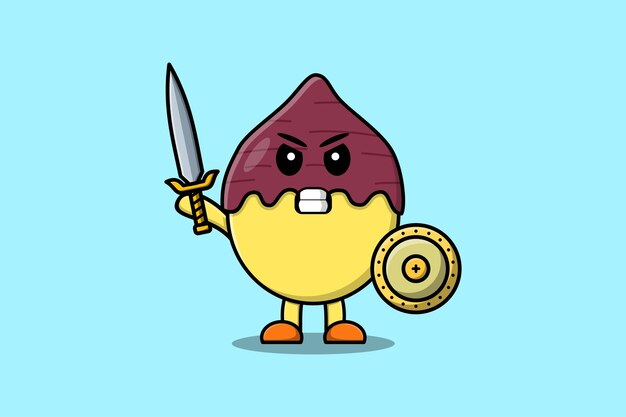 Cute cartoon character Sweet potato holding sword and shield in modern style design