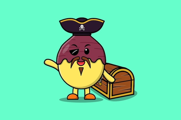 Cute cartoon character Sweet potato pirate with treasure box illustration in modern style design