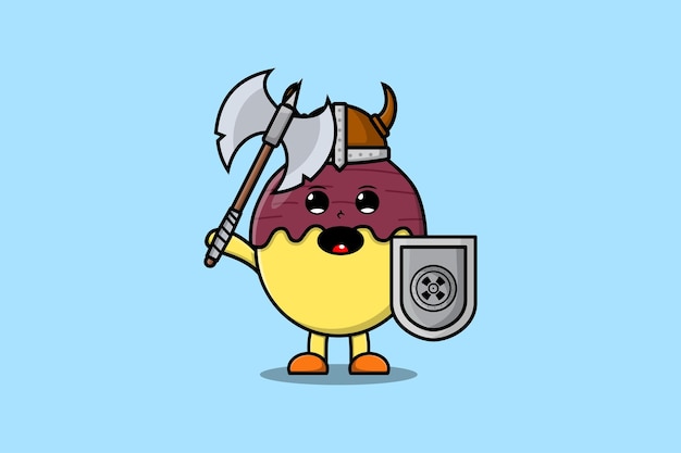 Cute cartoon character Sweet potato viking pirate with hat and holding ax and shield