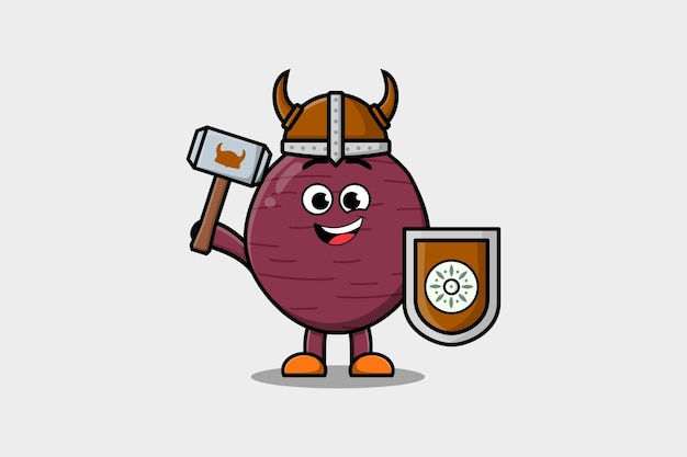 Cute cartoon character Sweet potato viking pirate with hat and holding hammer and shield