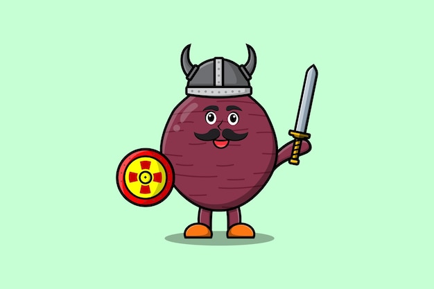 Cute cartoon character Sweet potato viking pirate with hat and holding sword and shield illustration