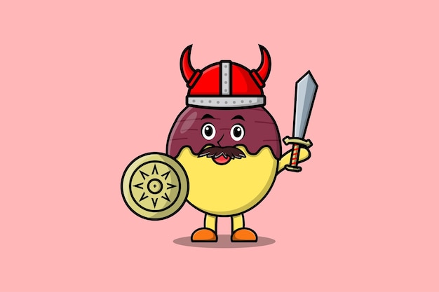 Cute cartoon character Sweet potato viking pirate with hat and holding sword and shield illustration