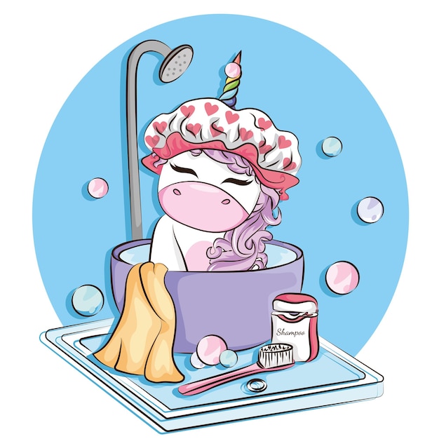 Cute cartoon character Unicorn bathes in the bathroom with a bubble