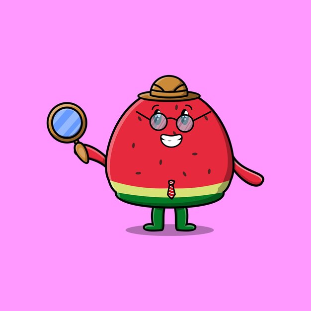 Cute cartoon character Watermelon detective is searching with magnifying glass