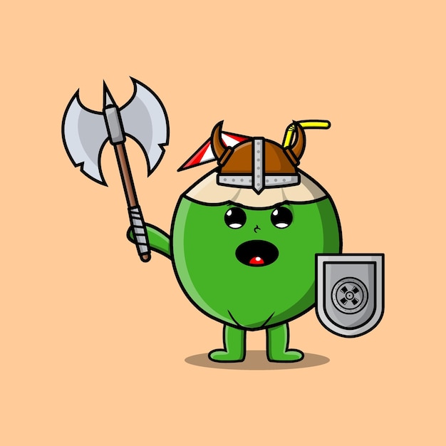 Cute cartoon character Young coconut viking pirate with hat and holding ax and shield in modern