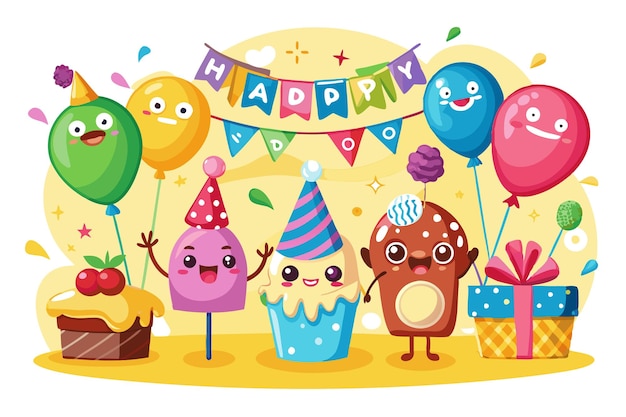 Vector cute cartoon characters celebrating a birthday with balloons cake and presents