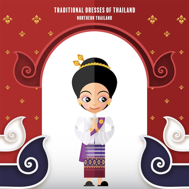 Cute cartoon characters girl in traditional dresses of thailand or thai traditional dance costume