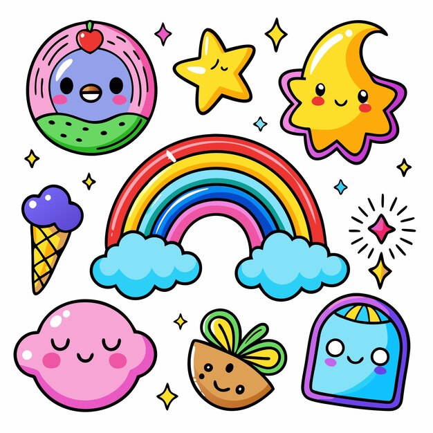 Vector cute cartoon characters and objects including a rainbow stars ice cream cone a donut a lemon a coconut and a crescent moon