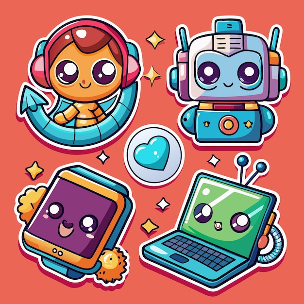 Vector cute cartoon characters a robot a girl with headphones a laptop and a phone with a heart