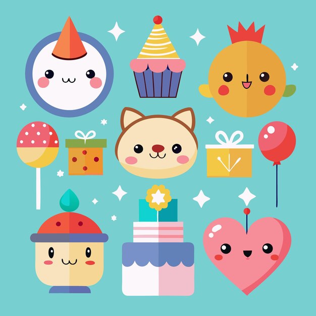 Vector cute cartoon characters with birthday party elements like cake presents heart balloons