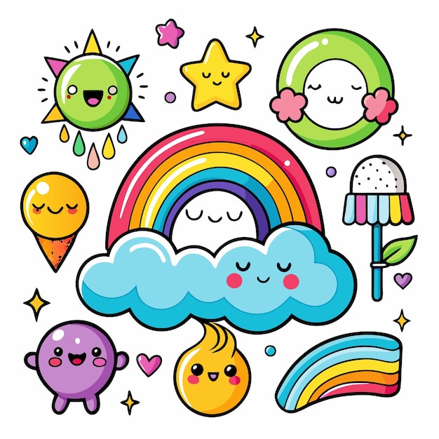 Vector cute cartoon characters with rainbow and clouds