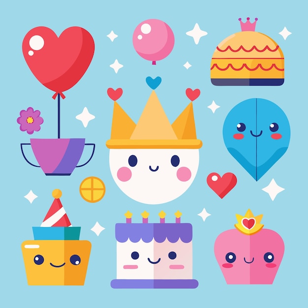 Vector cute cartoon characters with smiling faces and hearts a crown a cake and balloons on a blue background