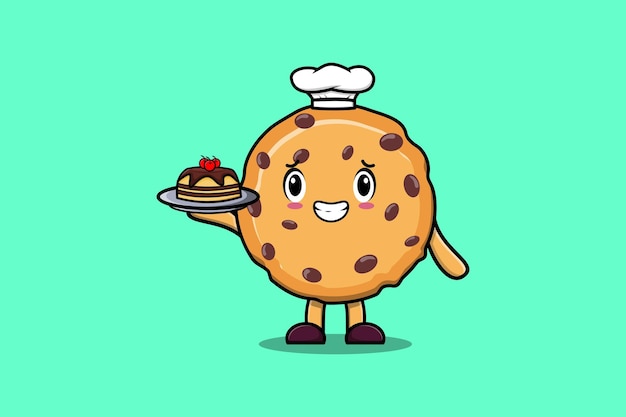 Cute Cartoon chef Biscuits character serving cake on tray cute style design in flat cartoon style