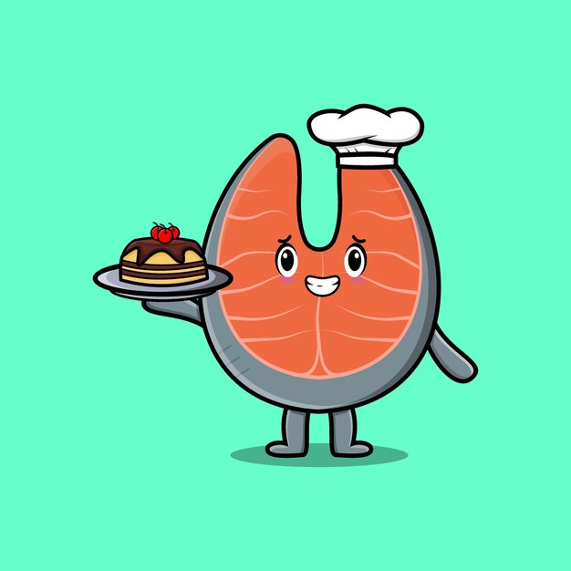 Cute Cartoon chef fresh salmon character serving cake on tray cute style design flat cartoon style