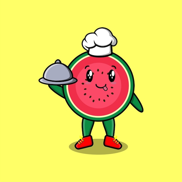 Cute Cartoon chef watermelon mascot character serving food on tray cute style design