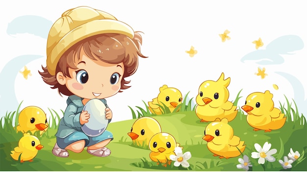 Cute Cartoon Chick with Easter Eggs in Lush Grass