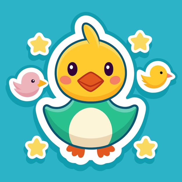 Vector cute cartoon chick with green and white wings surrounded by stars and birds