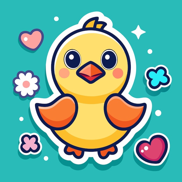 Cute cartoon chick with hearts and flowers on teal background