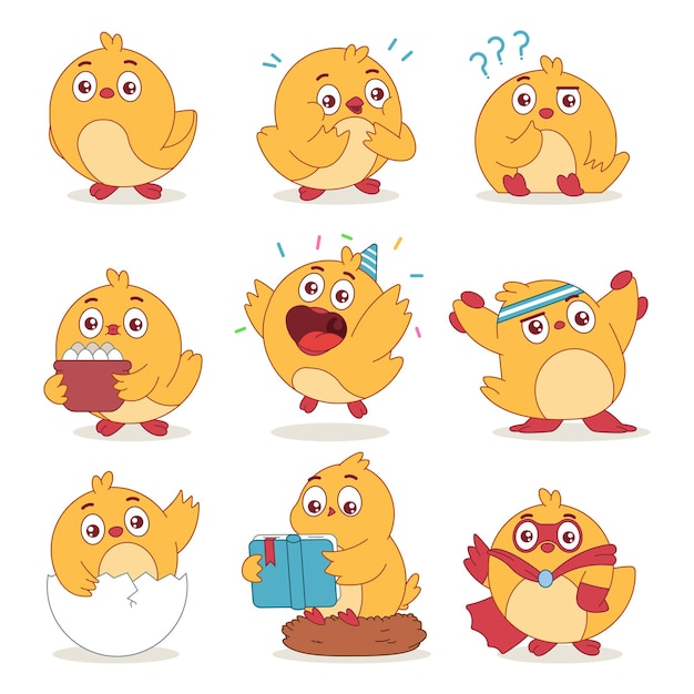 Cute cartoon chickens vector funny characters set isolated on a white background