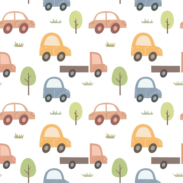 Cute cartoon childish seamless pattern with cars Mector print for wall deco in children's bedroom