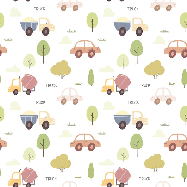 Cute cartoon childish seamless pattern with cars and trucks Vector print for wall decor in a childr