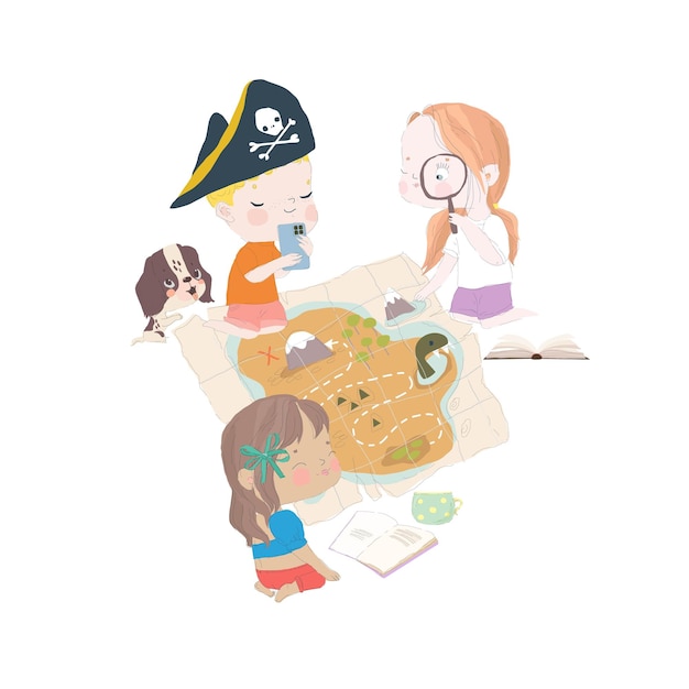 Vector cute cartoon children dressed as pirates playing a board game