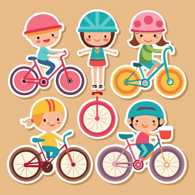 Cute cartoon children riding bicycles with helmets and colorful stickers