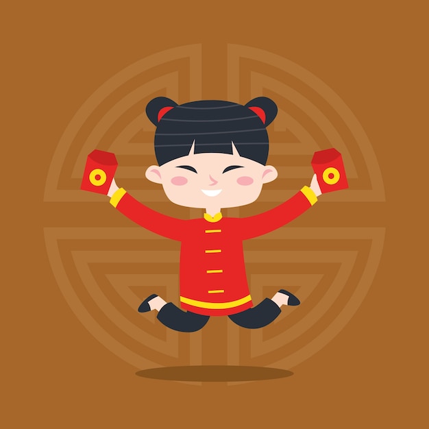 Cute cartoon Chinese kid poster illustration. Chinese greeting card design