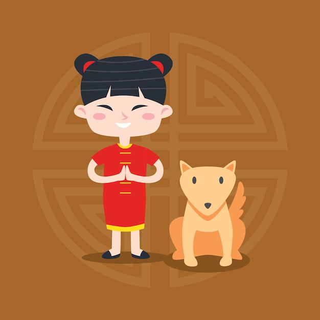 Cute cartoon Chinese kid poster illustration. Chinese greeting card design