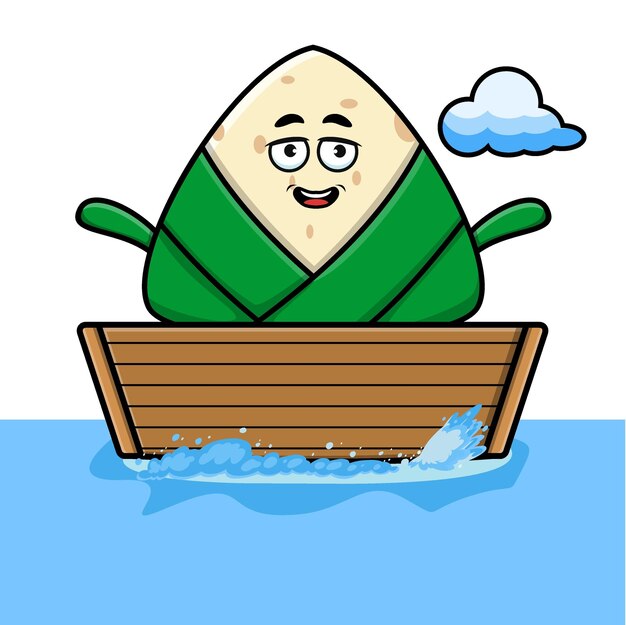 cute cartoon chinese rice dumpling get on boat in vector character illustration