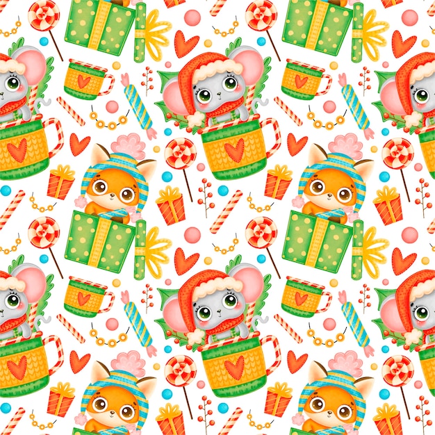 Cute cartoon Christmas animals seamless pattern. Christmas fox and mouse pattern.