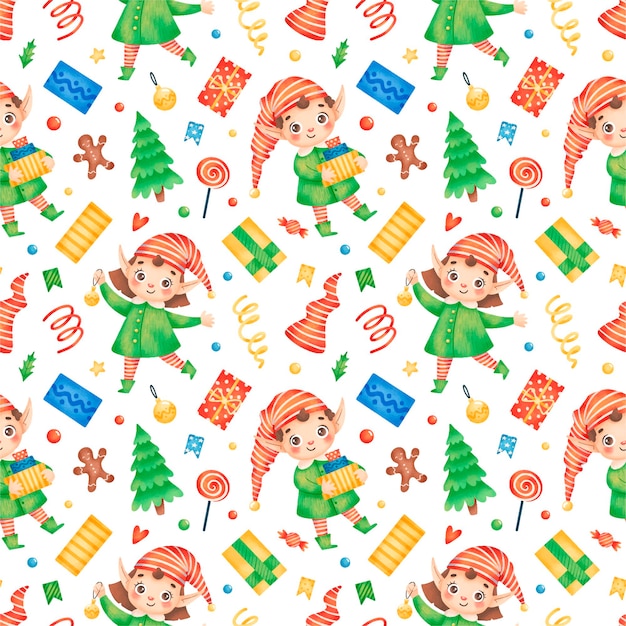 Cute cartoon christmas elves seamless pattern