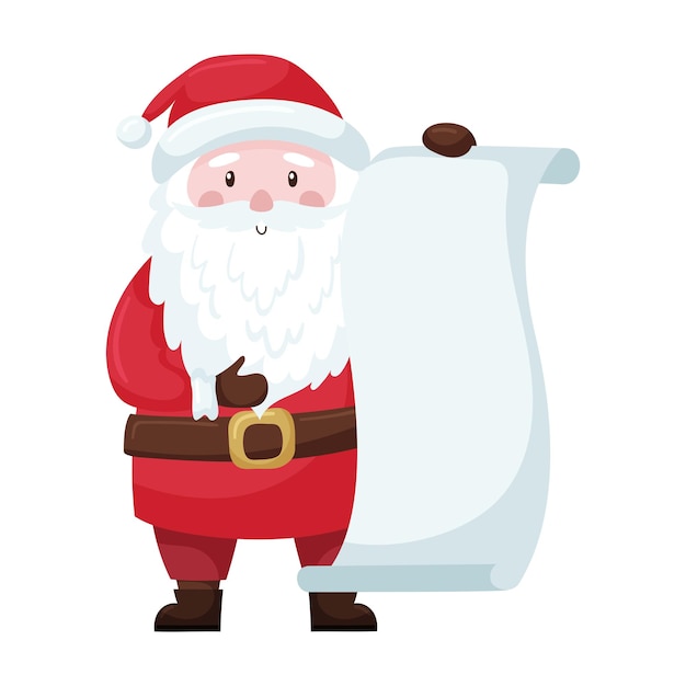 Vector a cute cartoon christmas santa in a red suit and hat holds an unfolded scroll a papyrus with an empty space for the text adorable character is smiling flat style isolated on a white background