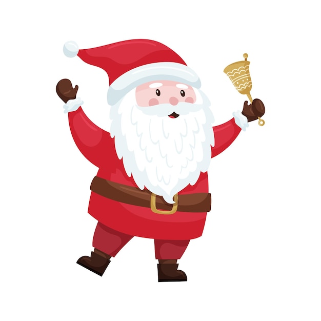 A cute cartoon Christmas Santa in a red suit and hat holds a yellow bell in his hands Santa Claus is smiling Adorable character in a flat style Isolated on a white background