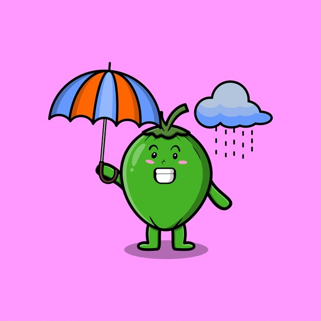 Cute cartoon coconut character in the rain and using an umbrella in 3d modern style design