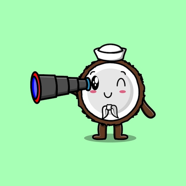 Cute cartoon Coconut sailor with hat and using binocular cute modern style design