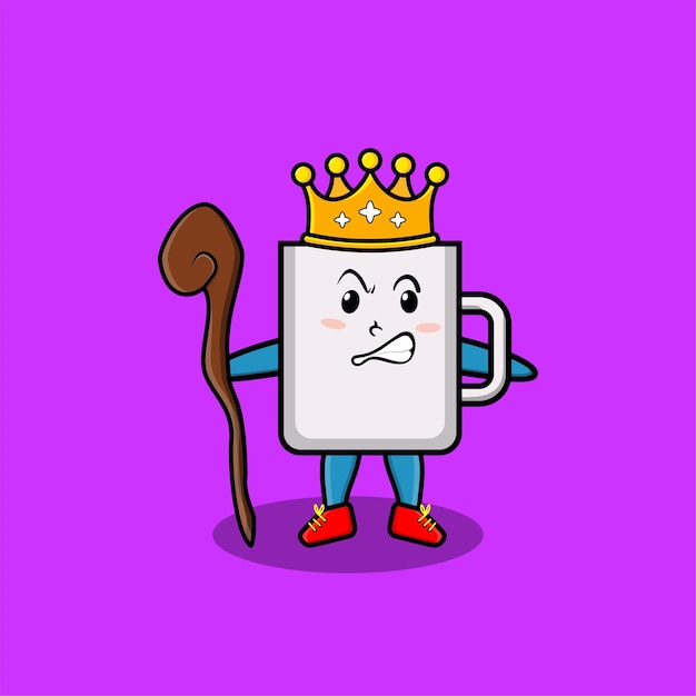 Cute cartoon coffee tea cup mascot as wise king with golden crown and wooden stick cute modern style