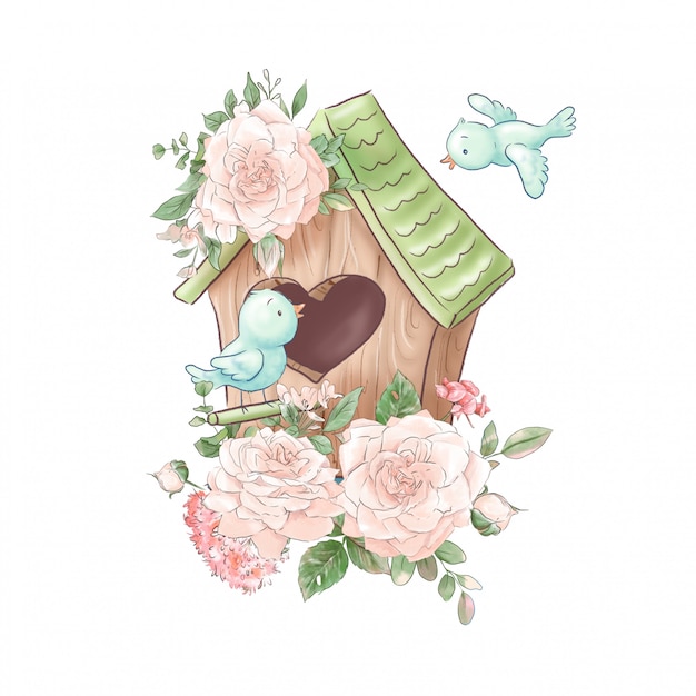 Cute cartoon composition of birdhouse and birds with delicate roses