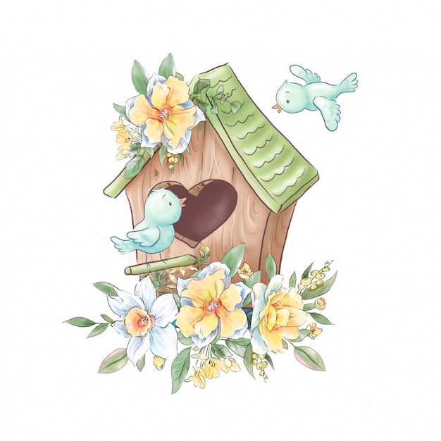 Cute cartoon composition of birdhouse and birds with delicate roses