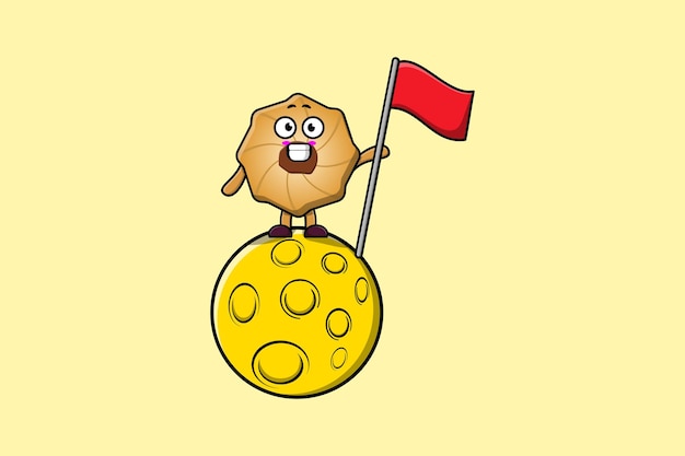 Cute cartoon Cookies character standing on the moon with flag in 3d modern design illustration