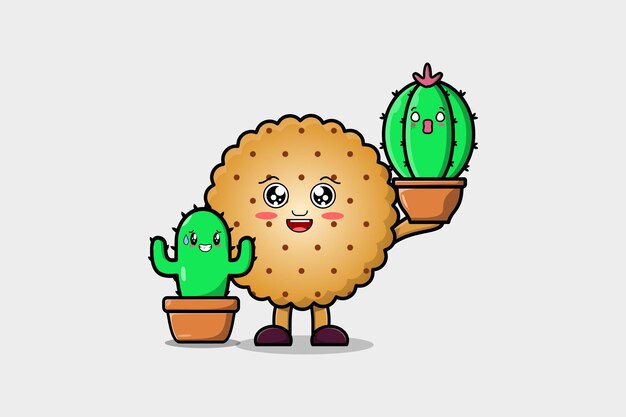 Cute cartoon Cookies holding cactus plant in pot