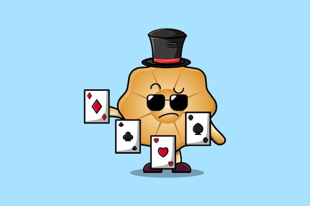 Cute cartoon Cookies magician character playing magic cards in flat cartoon style illustration