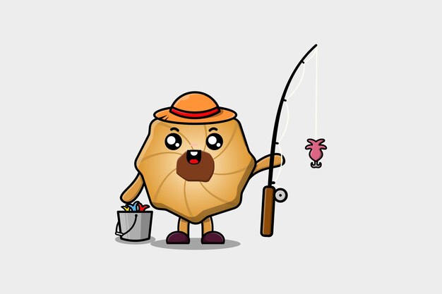 Cute cartoon Cookies ready fishing character illustration wearing fishing equipment 