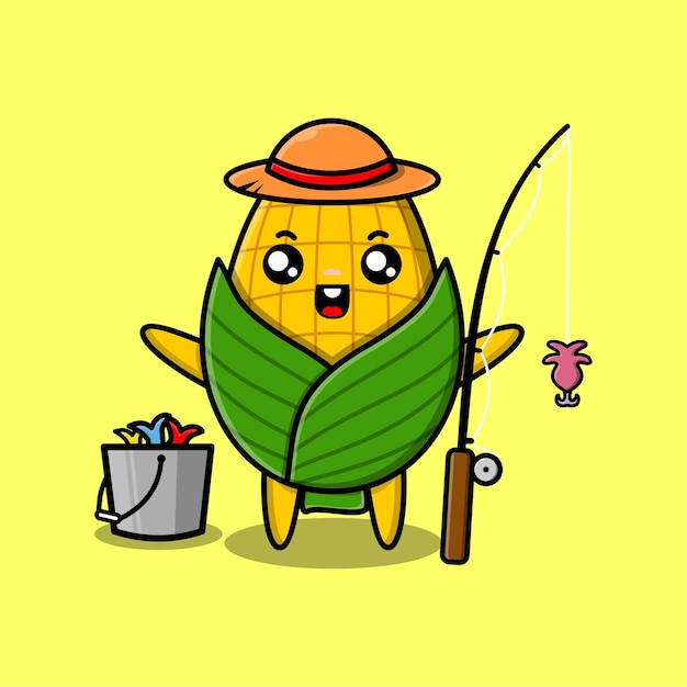 Cute cartoon corn ready fishing wearing fishing equipment cartoon character in concept 3d cartoon