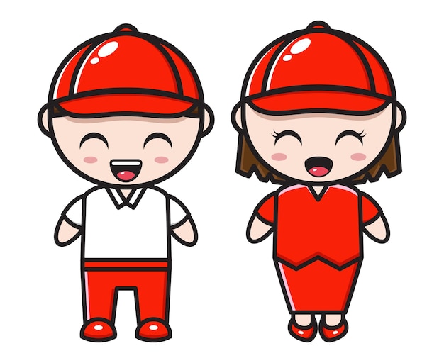 Cute cartoon couple illustration wearing red casual clothes