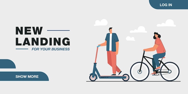 Cute cartoon couple riding ecological personal transport. Man on electric scooter, woman on bicycle outside flat vector illustration. Transportation concept for banner, website design or landing page